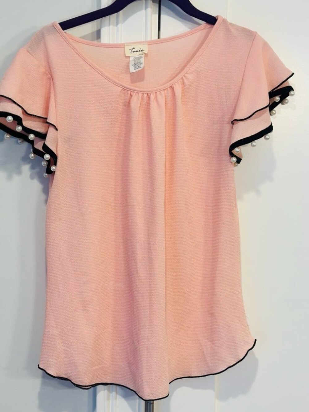 Cute pearl ruffle sleeve pink and black blouse
